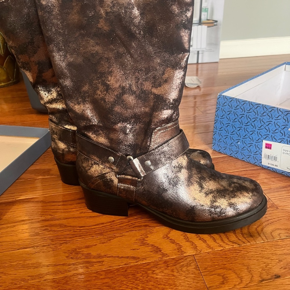 SIMPLY VERA VERA WANG Black Gold Metallic Zip Mid Calf Biker Boots Women